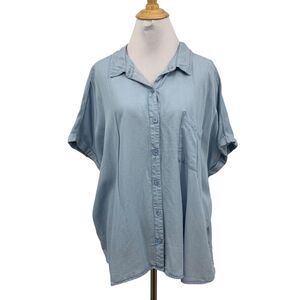 Ecothreads Shirt Womens XXL 2XL Blue Button Up Chest Pocket Lyocell Short Sleeve